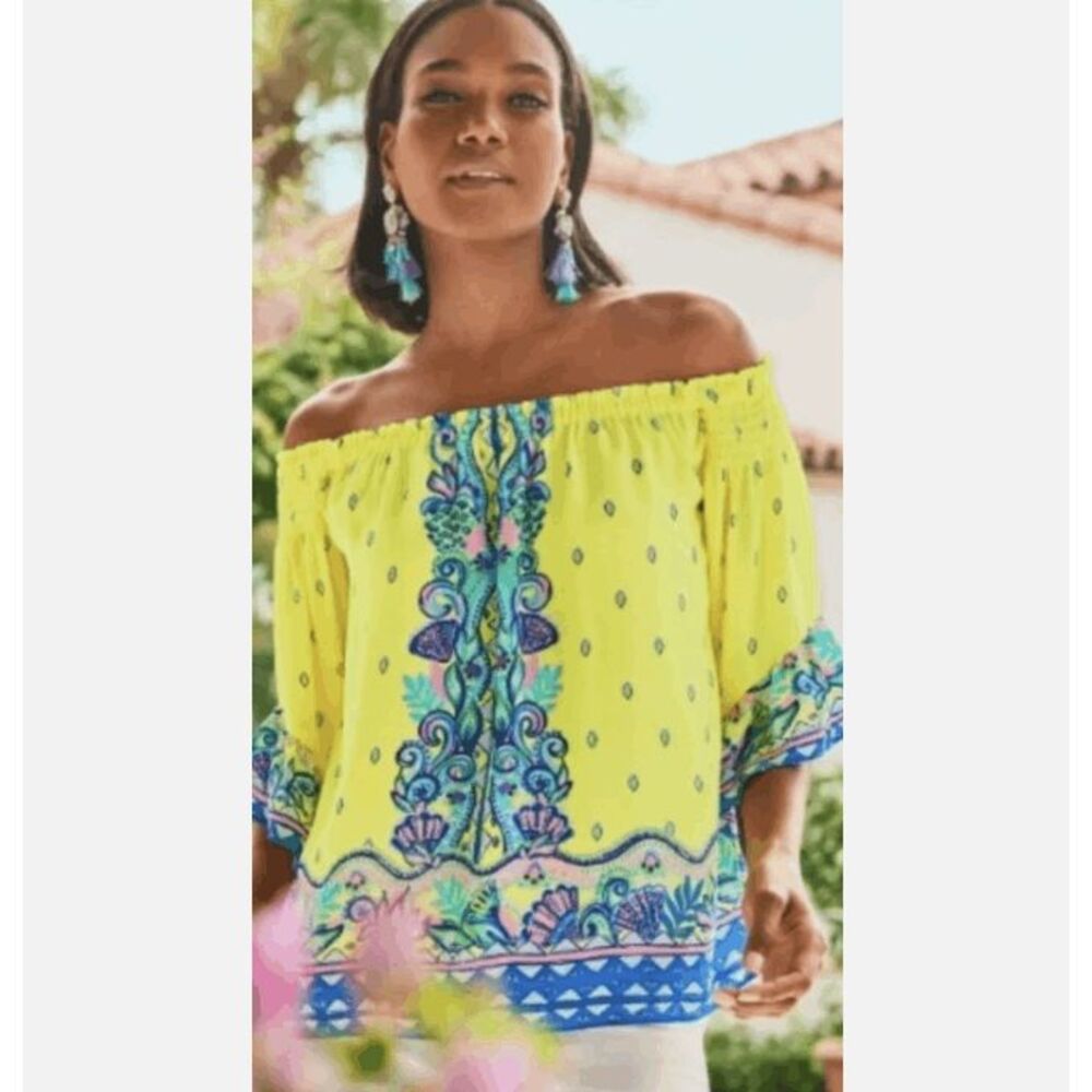 Lilly Pulitzer Fawna‎ off shoulder top Pineapple Rivera Loro Green print Size XS